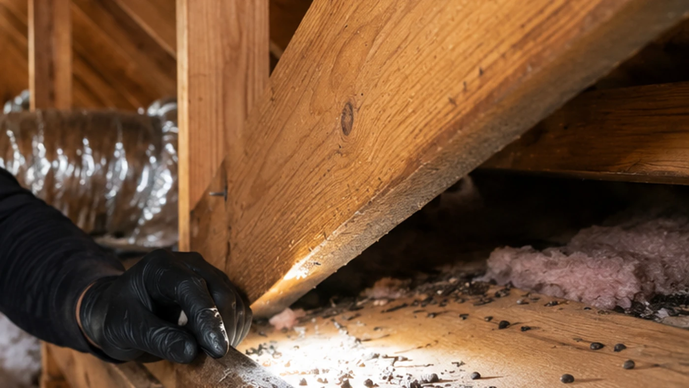 Pest control technician inspecting an attic in a Florida home
