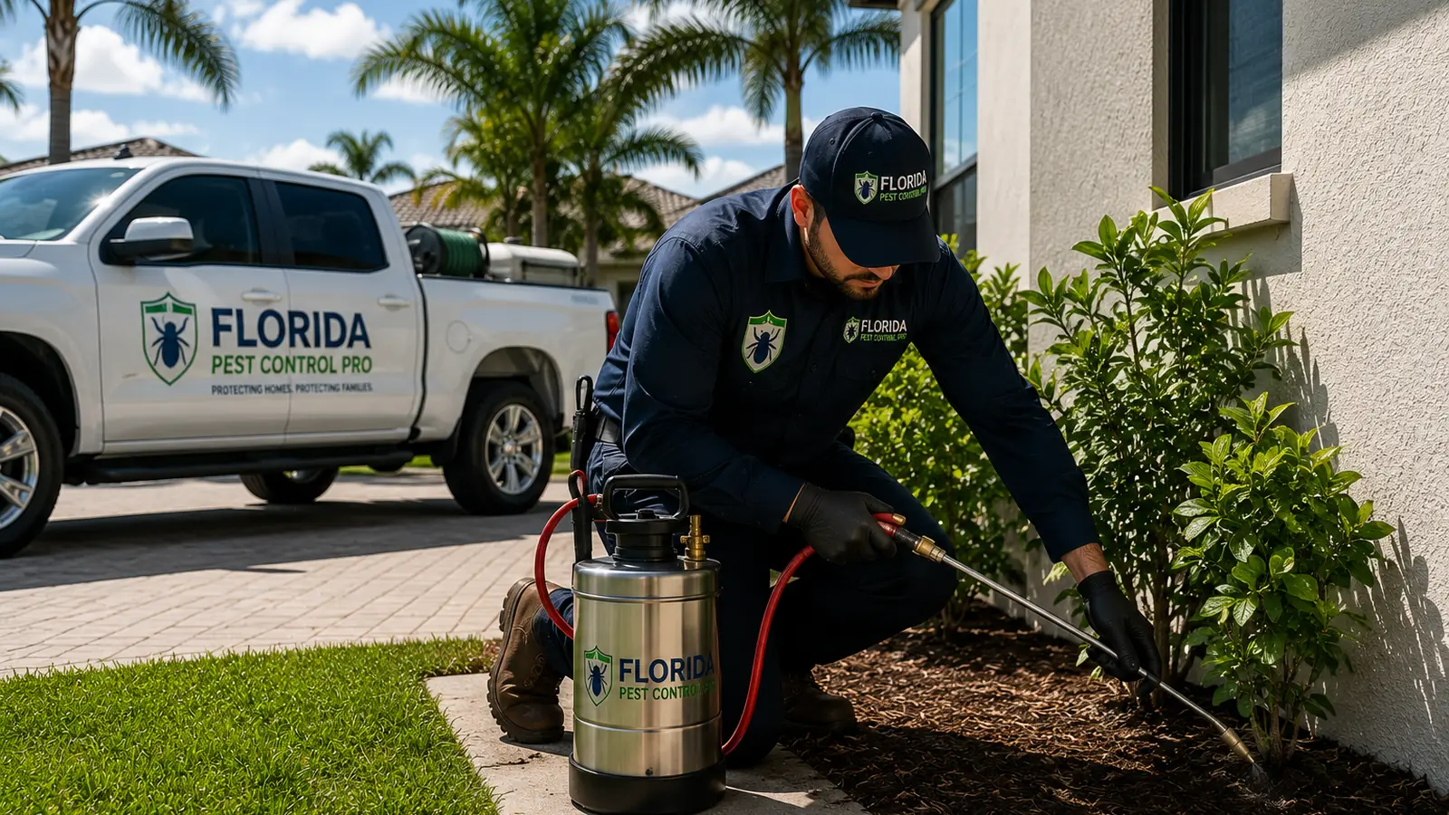 Pest control technician treating the exterior of a Florida home